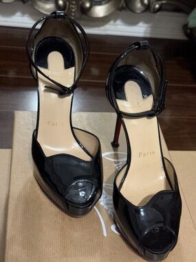 Christian Louboutin Black Patent Peep-Toe Ankle Strap Heels Sz 36